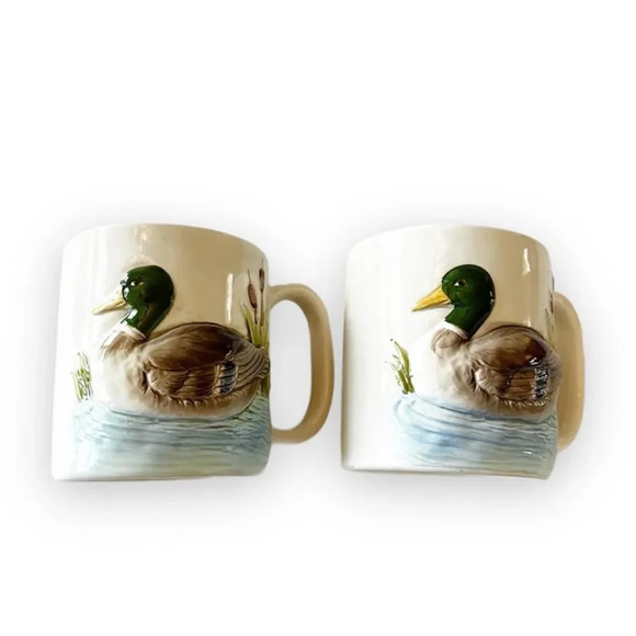 Otagiri 1981 Vintage Duck Mugs Set of Two Raised Emblem Ceramics Japan Grandpa - Picture 1 of 12